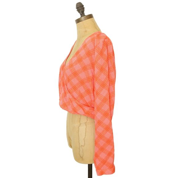 BP Nordstrom Wrap Surplice Crop Ian Bias Top L Orange Plaid Long Sleeve NEW B23 - Picture 5 of 6